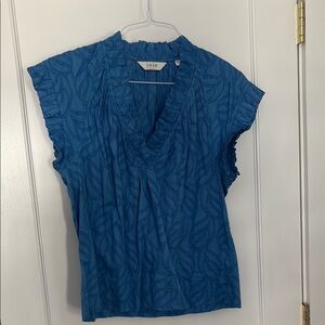 Joie Blue Smocked Cap Sleeve Blouse with Mandarin Collar